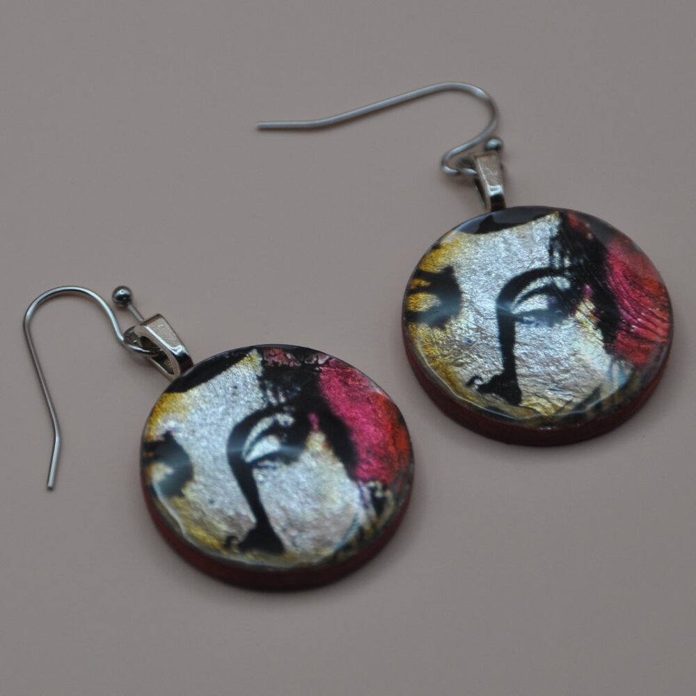 Handcrafted artsy earrings, wood & resin, metallic shimmer, stainless ear hooks